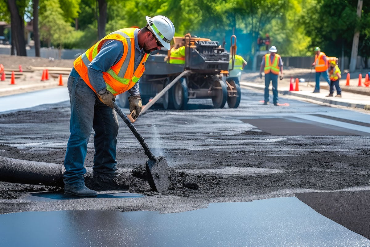 Male worker lays asphalt road repair road paving.